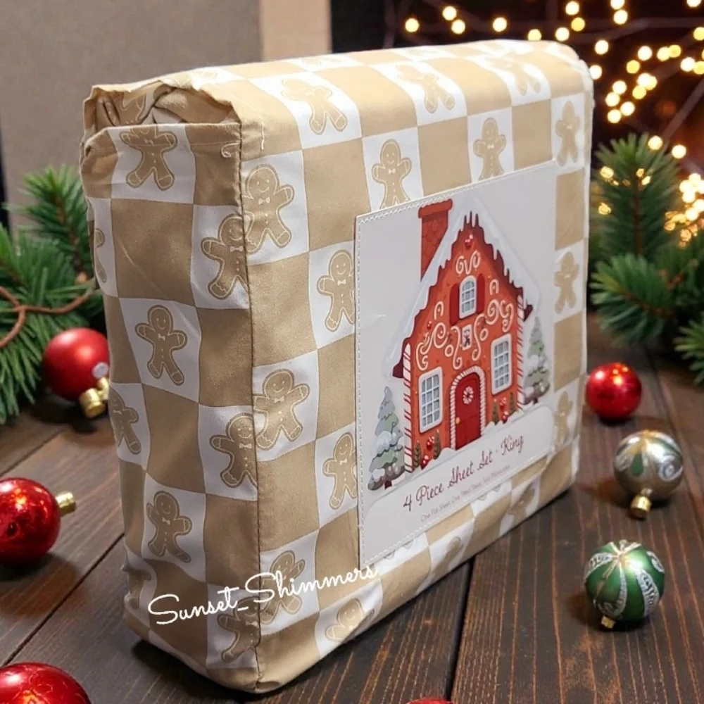 4pc Christmas Checkered Gingerbread Cookie King Bed Sheet Set NEW